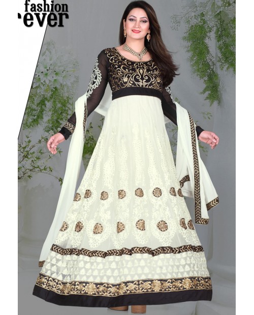 Flamboyant Cream Color Net Designer Anarkali Suit